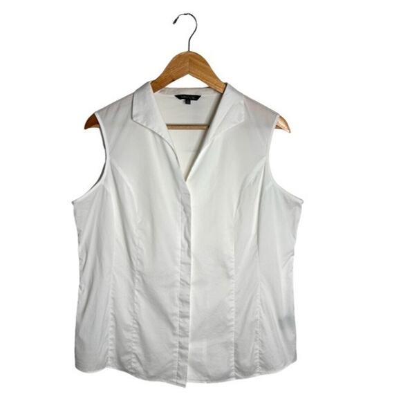 Misook Sleeveless Poplin Top White Size Medium Button Up Rounded Hem Preppy - Picture 1 of 8